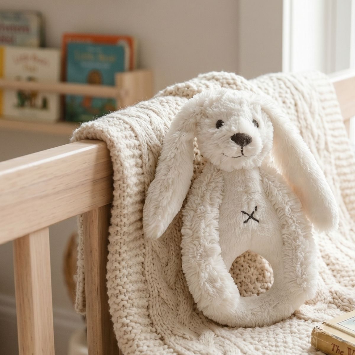 Happy Horse Rabbit Richie ivory plush rattle hanging over the side of a wooden crib on a textured knit blanket.