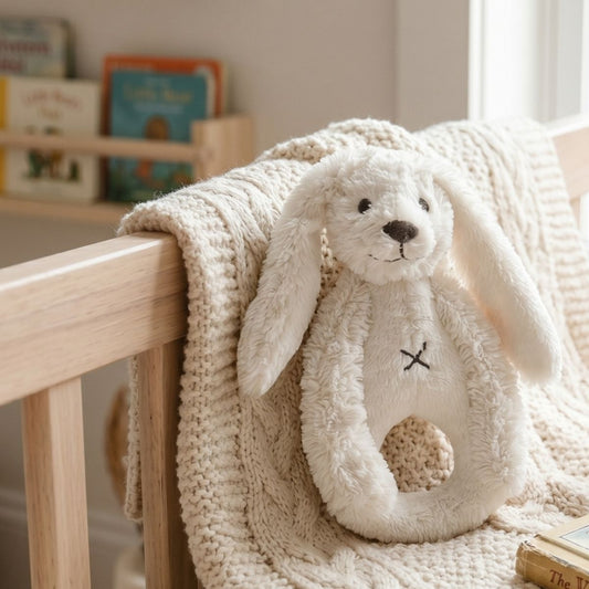 Happy Horse Rabbit Richie ivory plush rattle hanging over the side of a wooden crib on a textured knit blanket.