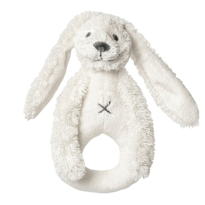 Happy Horse Rabbit Richie soft ivory cream plush ring rattle with long floppy ears against a white background.