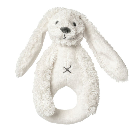Happy Horse Rabbit Richie soft ivory cream plush ring rattle with long floppy ears against a white background.