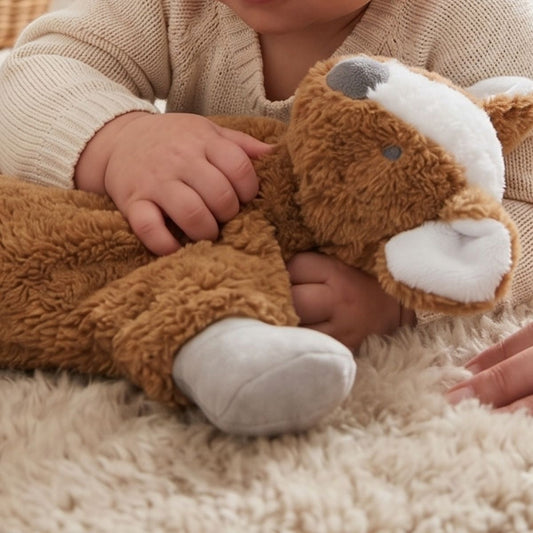 A close-up view of a baby's hands cuddling and holding the Happy Horse Deer Doe brown plush lovey on a soft, shaggy rug.