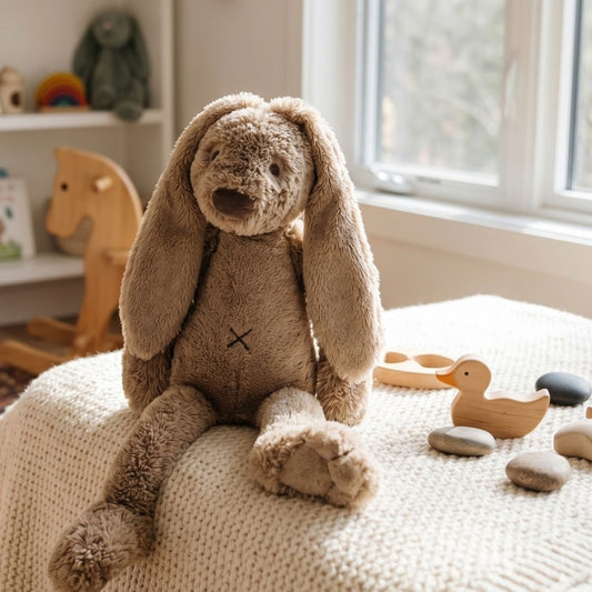 Happy Horse Rabbit Richie clay plush toy sitting on a light blanket by a window near a wooden rocking horse and wooden toys.