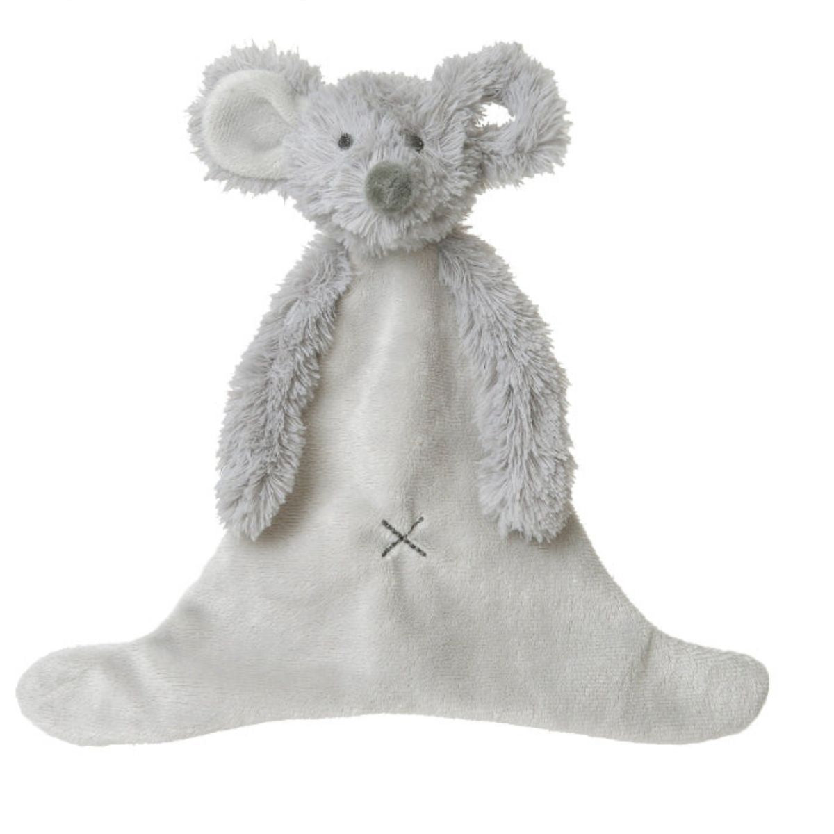 Happy Horse Mouse Mindy light grey plush security tuttle blanket with rounded fuzzy ears and a stitched belly detail against a white background.