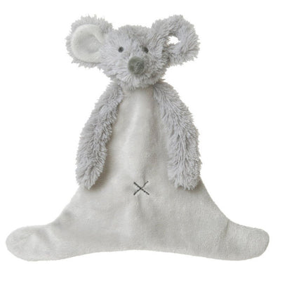Happy Horse Mouse Mindy light grey plush security tuttle blanket with rounded fuzzy ears and a stitched belly detail against a white background.