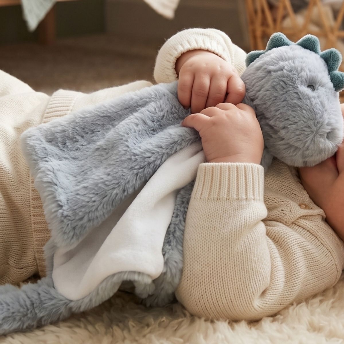 A baby cuddling the Happy Horse Dino Don blue plush lovey closely while resting on a soft blanket.