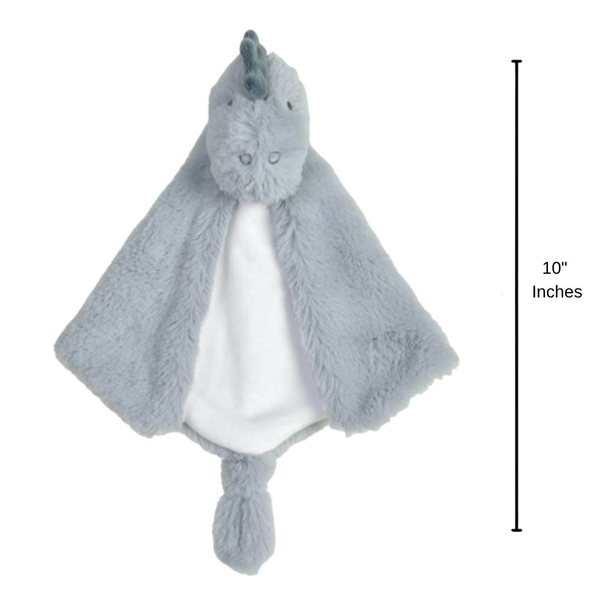 Happy Horse Dino Don plush security blanket standing upright displaying a 10-inch height indicator graphic.