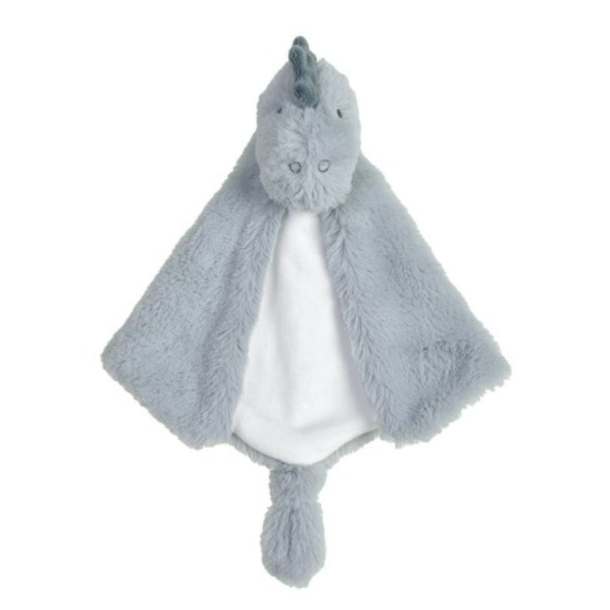 Happy Horse Dino Don slate blue plush security tuttle blanket with soft back spikes and a white belly against a white background.