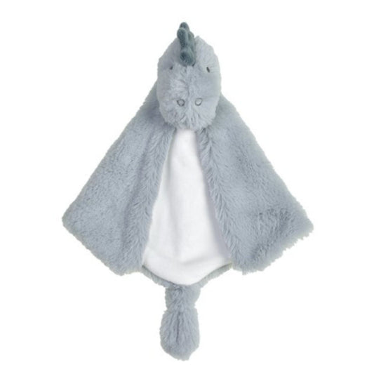 Happy Horse Dino Don slate blue plush security tuttle blanket with soft back spikes and a white belly against a white background.