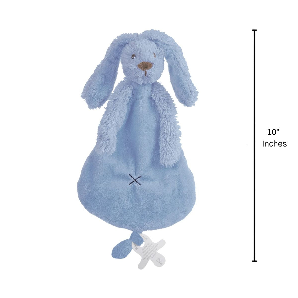 Happy Horse Rabbit Richie deep blue plush security blanket standing upright displaying a 10-inch height indicator graphic.