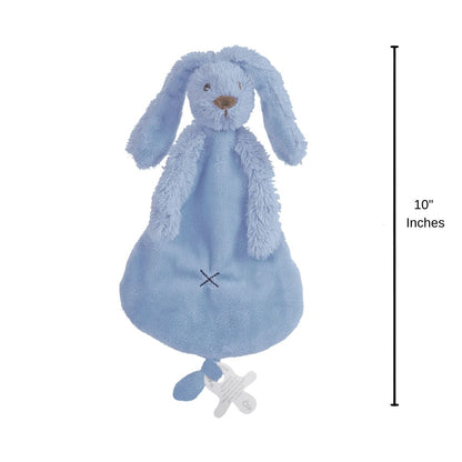 Happy Horse Rabbit Richie deep blue plush security blanket standing upright displaying a 10-inch height indicator graphic.