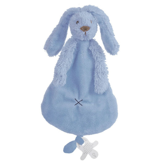 Happy Horse Rabbit Richie deep blue plush security tuttle blanket with long floppy ears and a white knotted loop against a white background.
