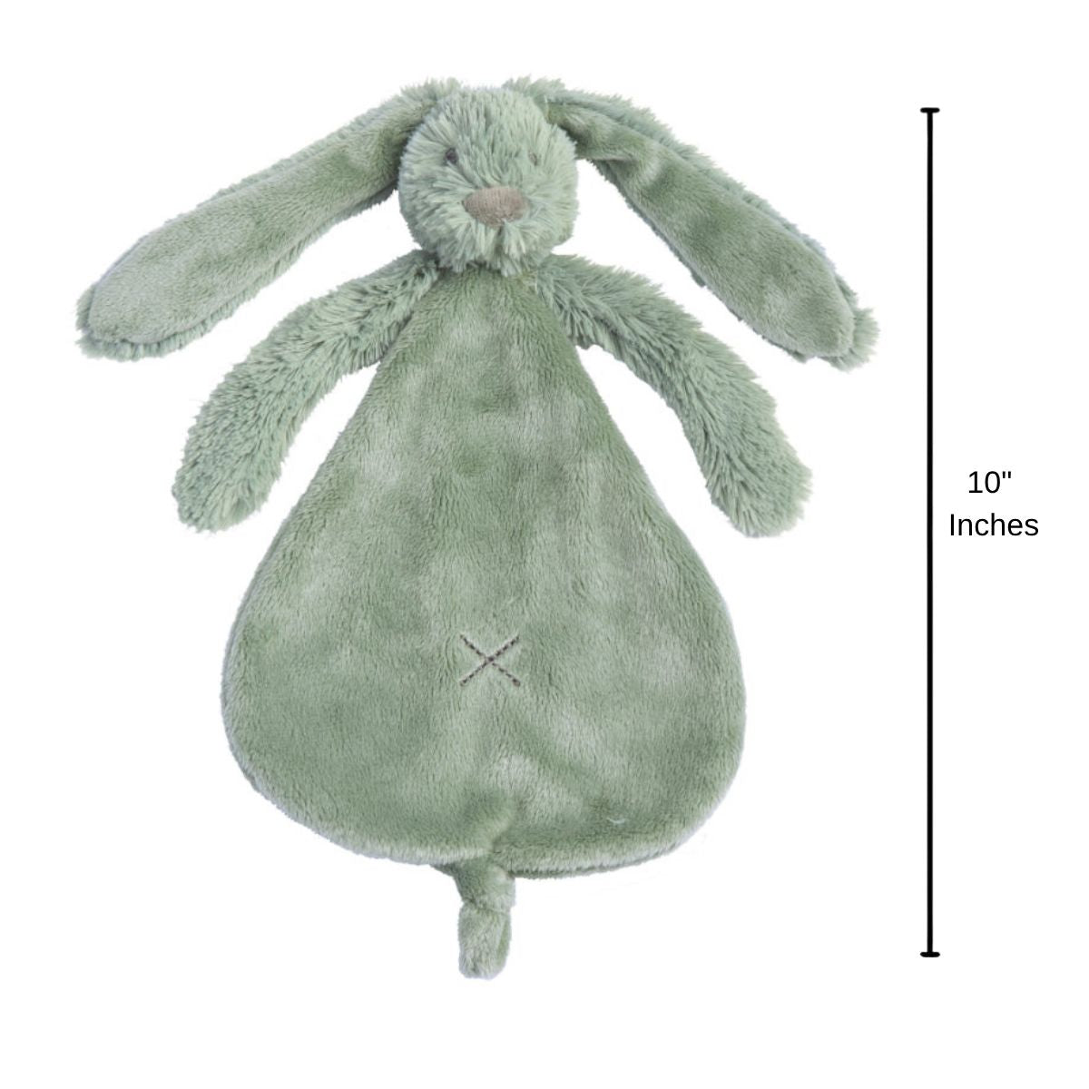 Happy Horse Rabbit Richie plush security blanket standing upright displaying a 10-inch height indicator graphic.