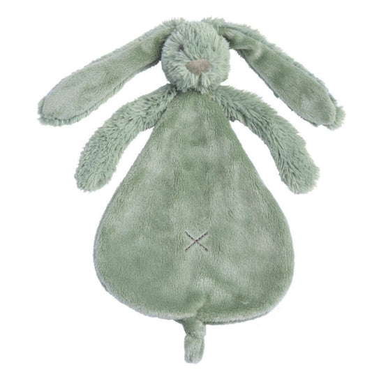 Happy Horse Rabbit Richie dusty green plush security tuttle blanket with long floppy ears against a white background.
