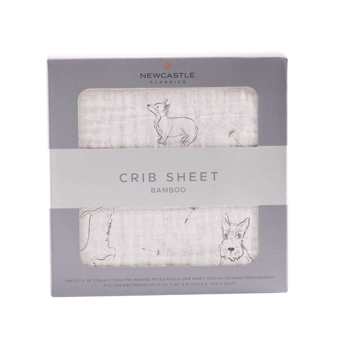 Front view of the retail window box packaging for the Newcastle Classics 100% natural bamboo crib sheet.