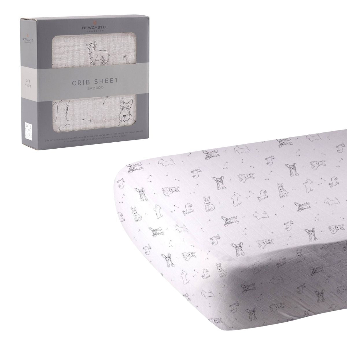 Newcastle Classics Corgi and Scottie puppy print bamboo crib sheet unrolled next to its grey retail window box.
