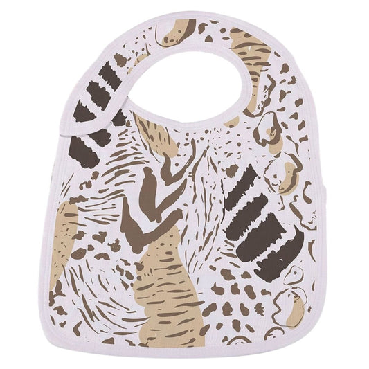 Close-up of the abstract Savannah animal print snap bib in earth tones.