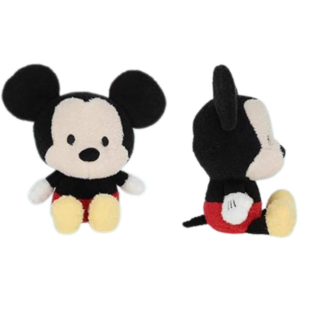 Front and side angle views of the adorable Disney Baby Mickey Mouse stuffed animal showing his classic yellow shoes and cute little tail.