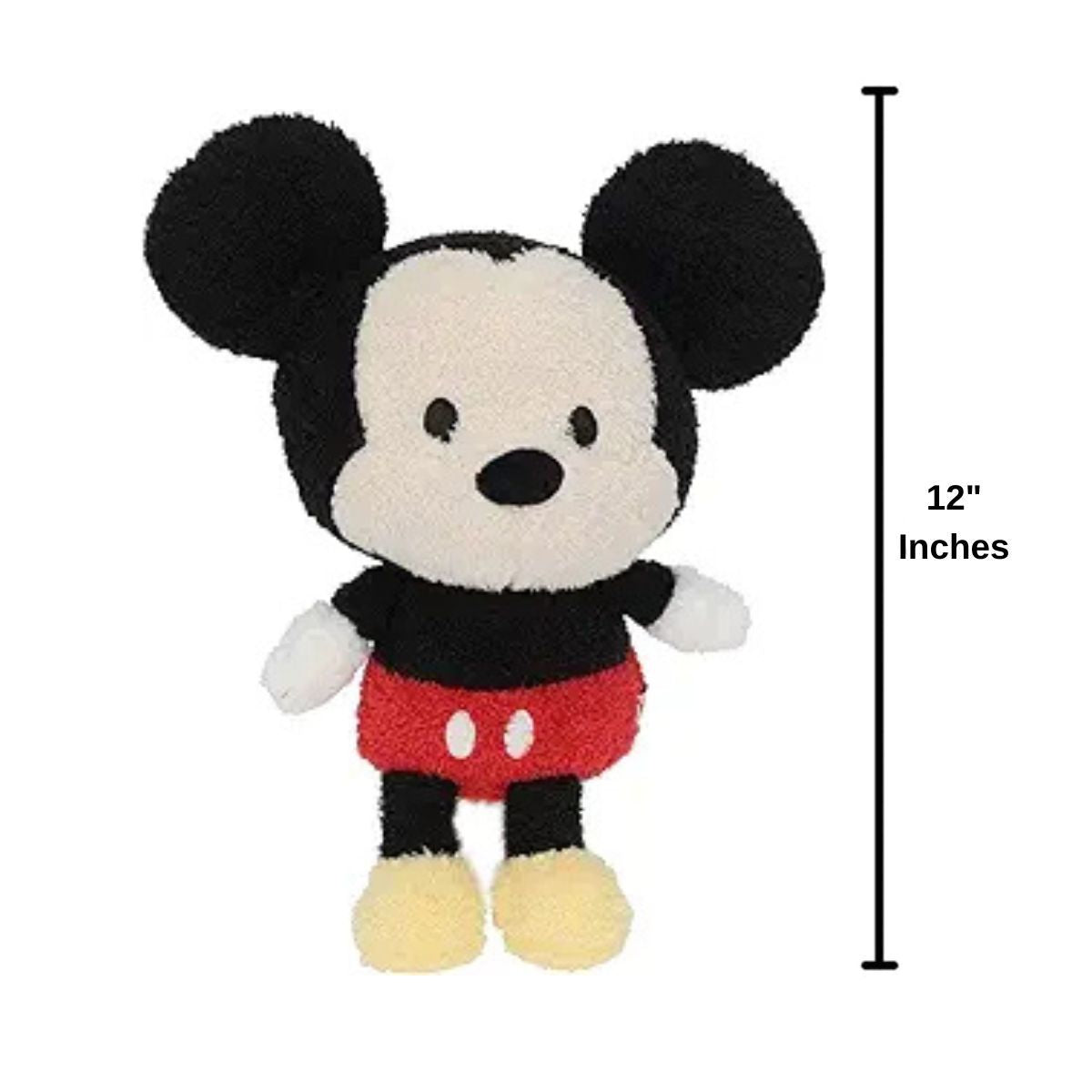 Sizing graphic for the Disney Baby Cuteeze Mickey Mouse plush showing him standing straight up, indicating a total height of 12 inches.