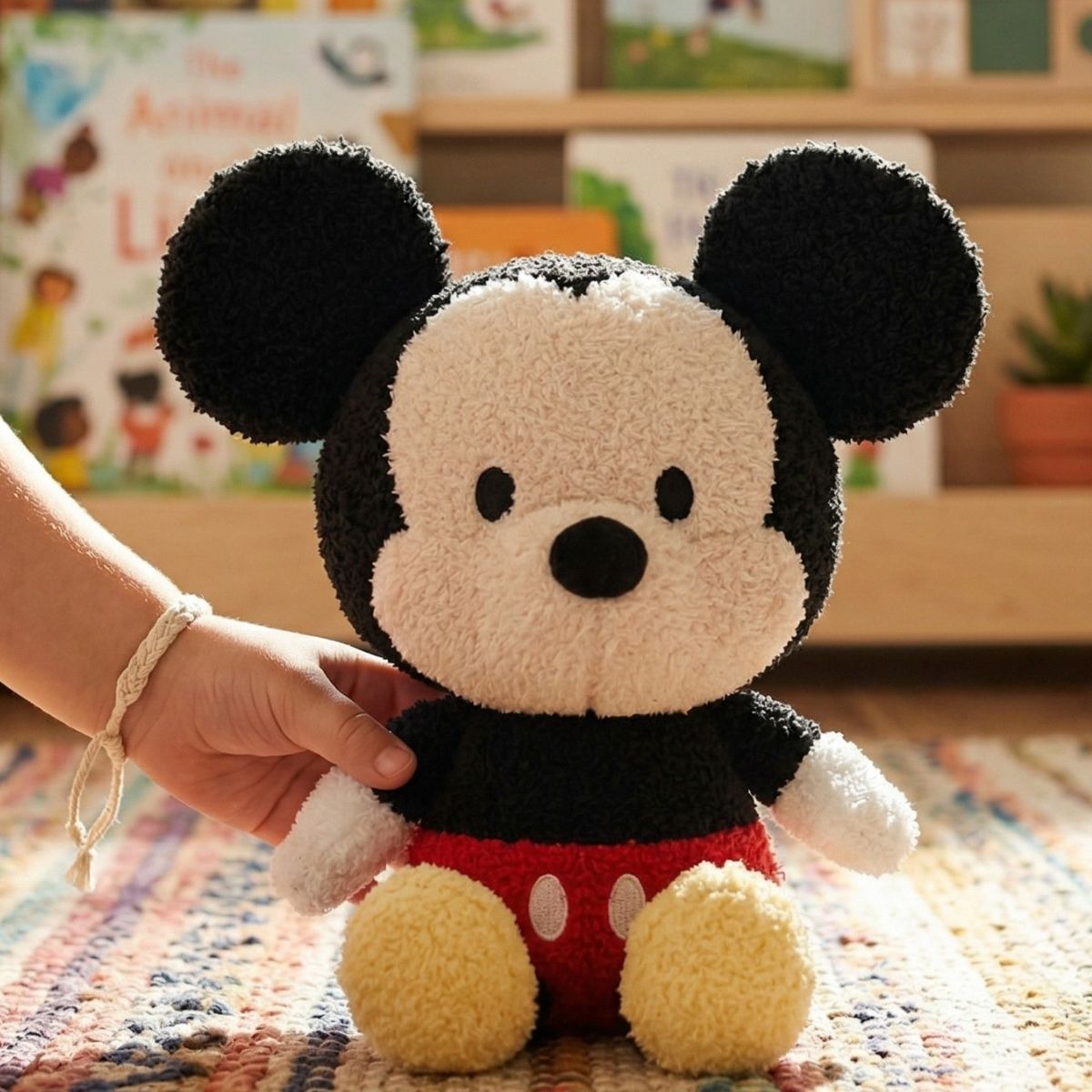 Lifestyle image showing a child's hand gently holding the soft 12-inch Disney Baby Cuteeze Mickey Mouse stuffed animal sitting on a colorful nursery rug.