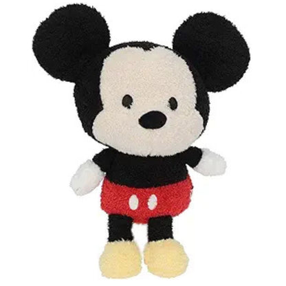 Front view of the Disney Baby Cuteeze 12-inch Mickey Mouse plush standing upright, featuring soft textured fabric, big round ears, and red shorts.