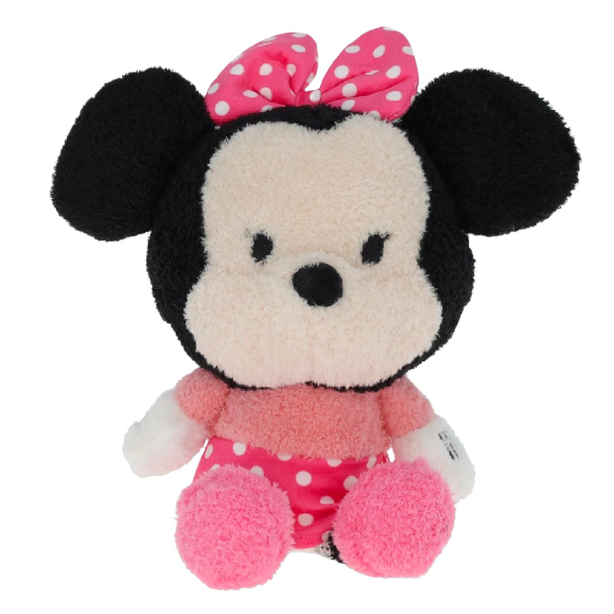 Front view of the adorable Disney Baby Minnie Mouse stuffed animal resting in a sitting position, showing her cute pink shoes and sweet embroidered face.
