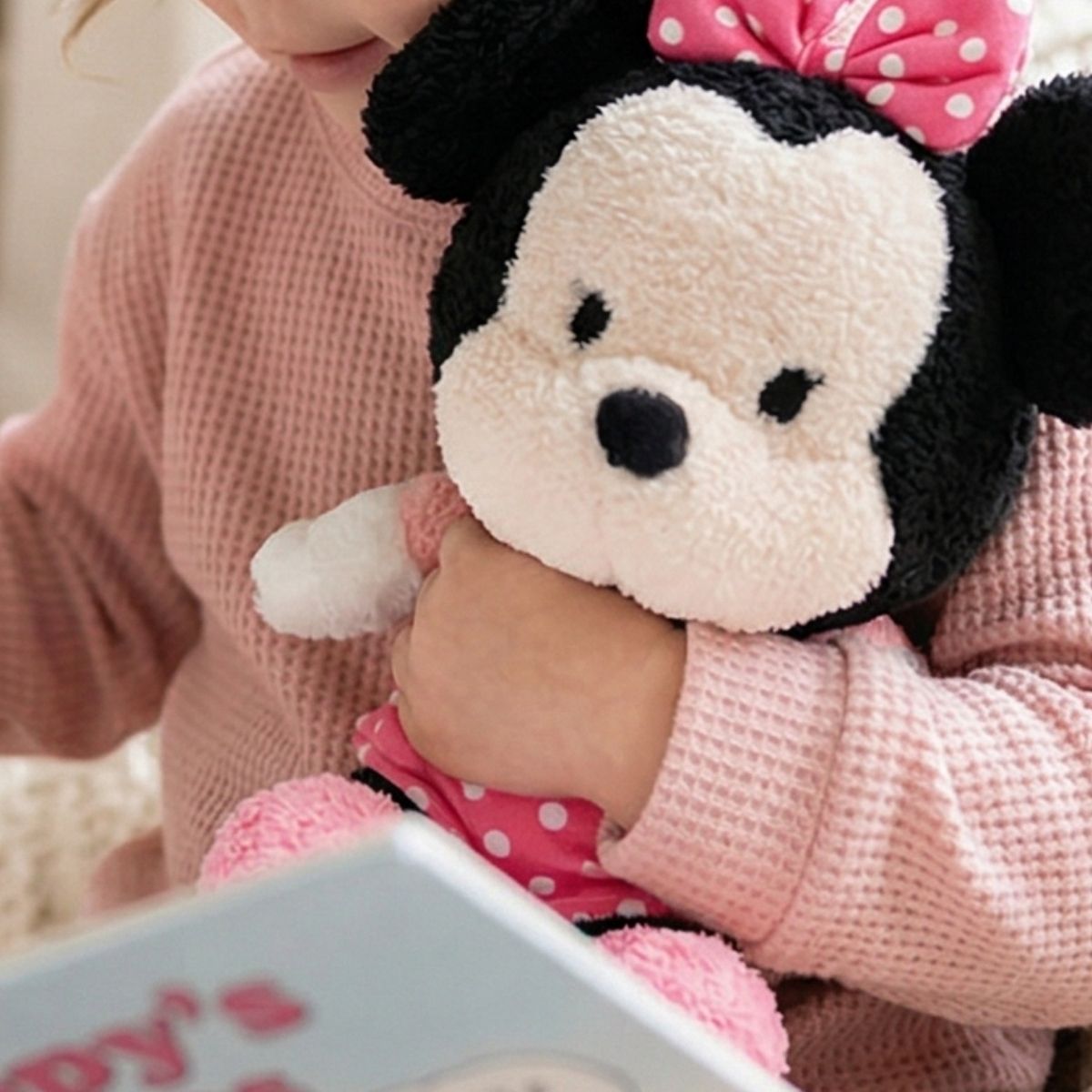 Lifestyle image showing a child happily hugging the soft 12-inch Disney Baby Cuteeze Minnie Mouse stuffed animal while reading a book.