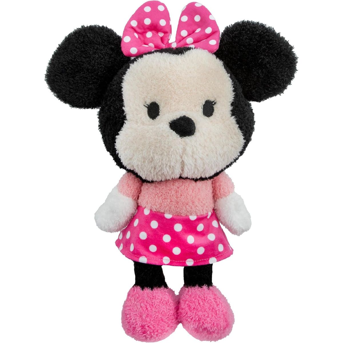 Front view of the Disney Baby Cuteeze 12-inch Minnie Mouse plush standing upright, featuring soft textured fabric, a pink polka-dot dress, and a matching bow.