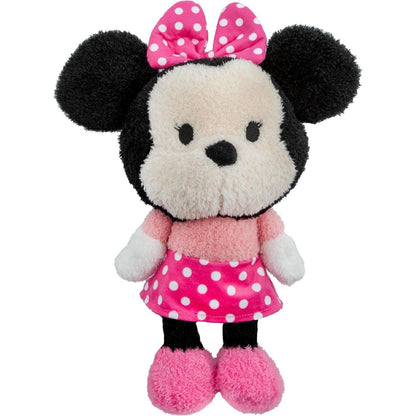 Front view of the Disney Baby Cuteeze 12-inch Minnie Mouse plush standing upright, featuring soft textured fabric, a pink polka-dot dress, and a matching bow.