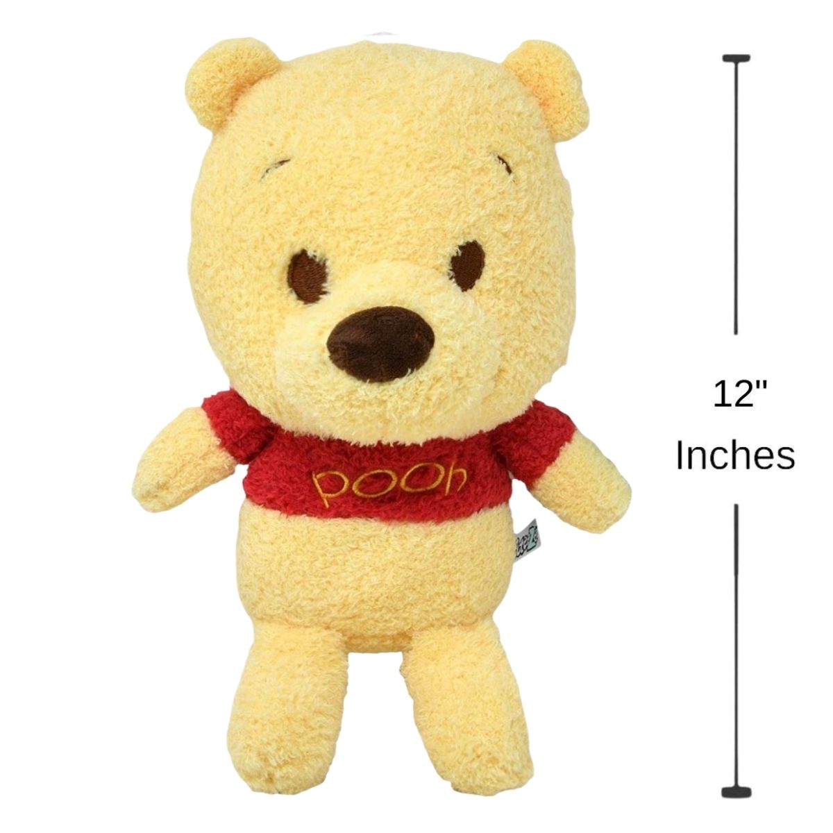 Sizing graphic for the Disney Baby Cuteeze Winnie the Pooh plush showing him standing straight up, indicating a total height of 12 inches.