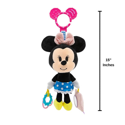 The full length of the Minnie Mouse hanging activity teether toy displayed next to a 15-inch vertical height graphic indicator.