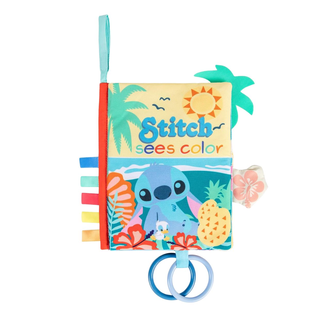 Disney Baby 7-inch Stitch Sees Color soft activity cloth book featuring Stitch on a tropical cover with a pineapple and blue hanging rings.