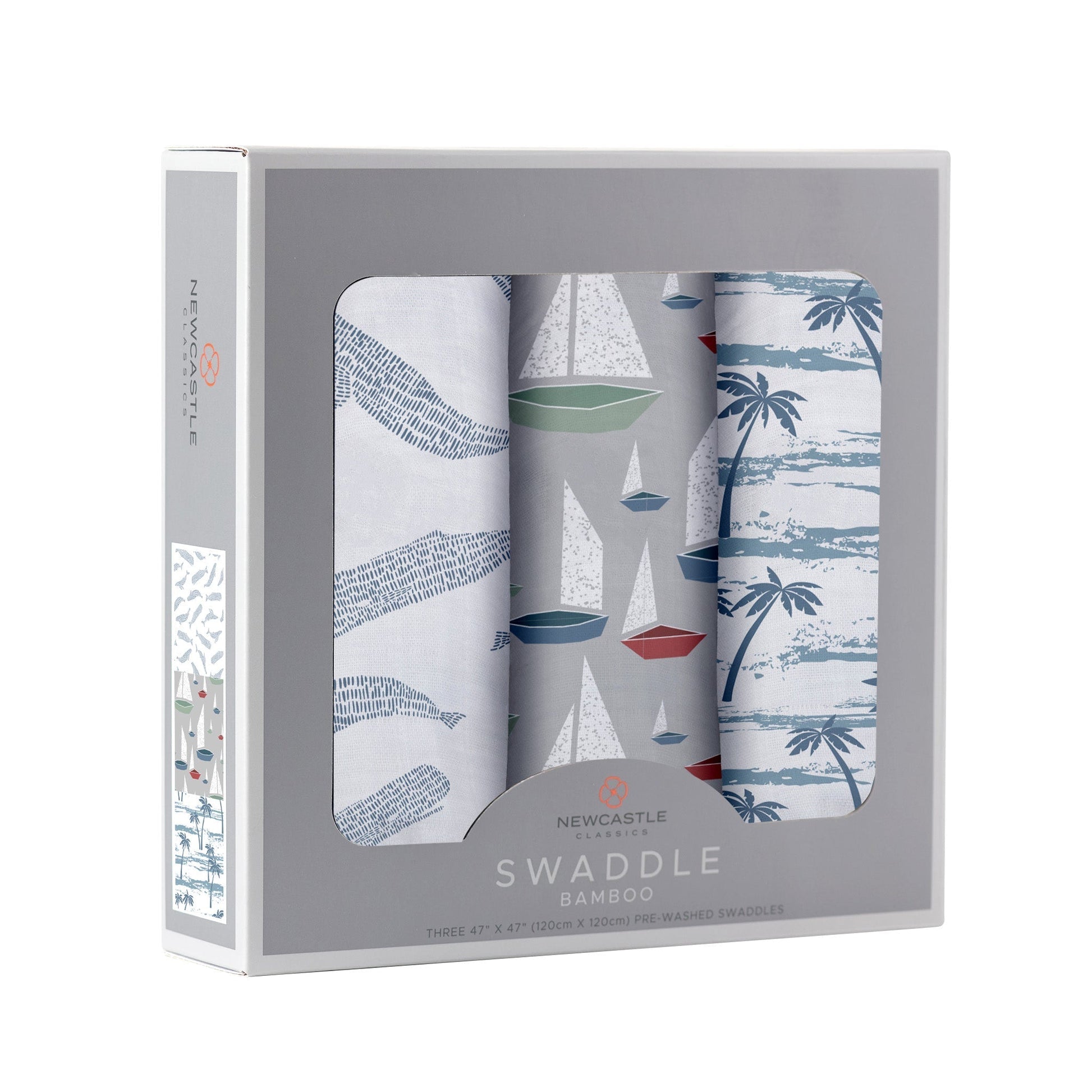 Angled front view of the Newcastle Classics 3-pack swaddle blanket set folded inside a light grey window display box.