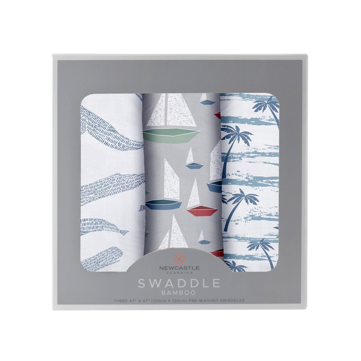 Straight front view of the packaged Ocean Tides baby swaddle blankets in a grey Newcastle Classics 3-pack box.