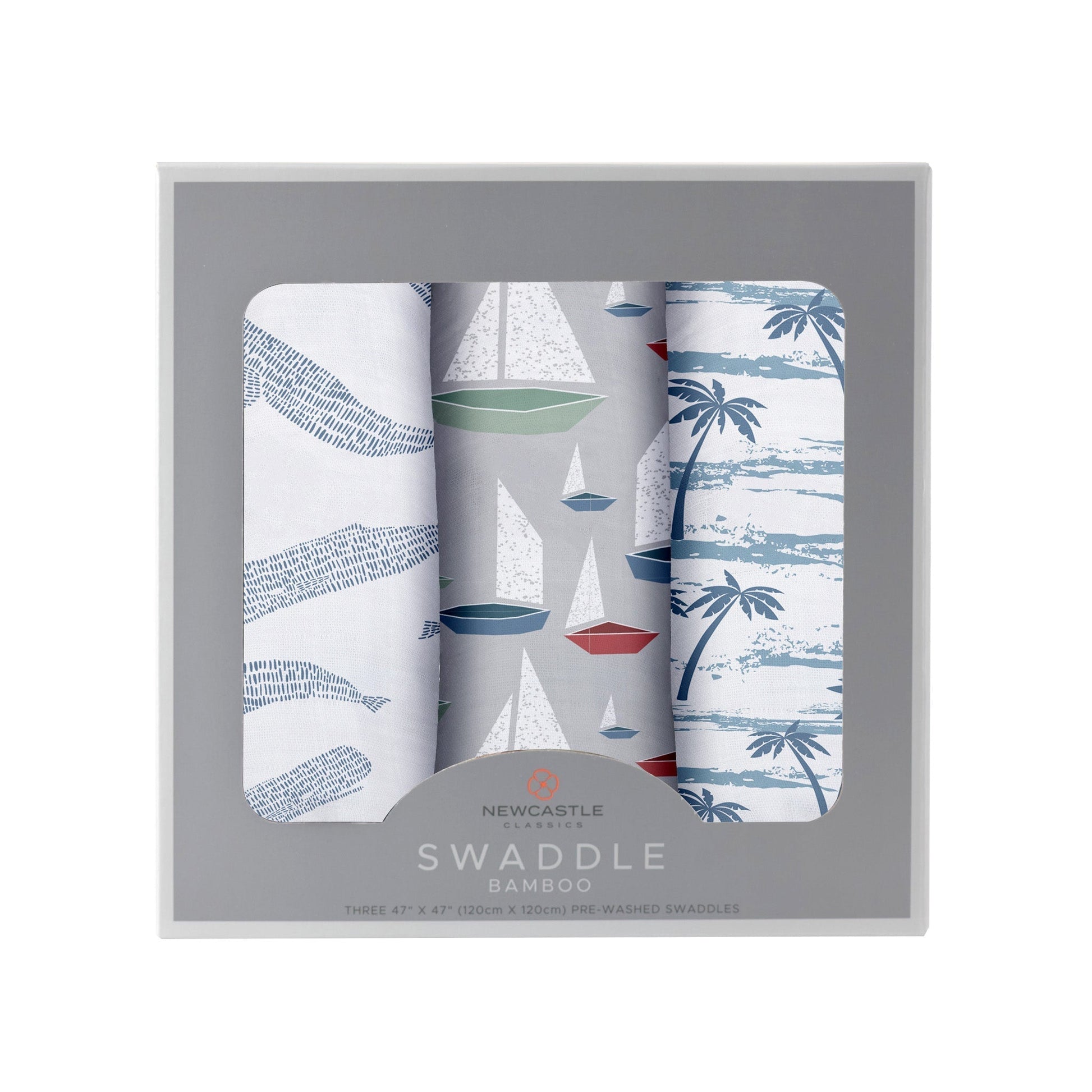 Straight front view of the packaged Ocean Tides baby swaddle blankets in a grey Newcastle Classics 3-pack box.