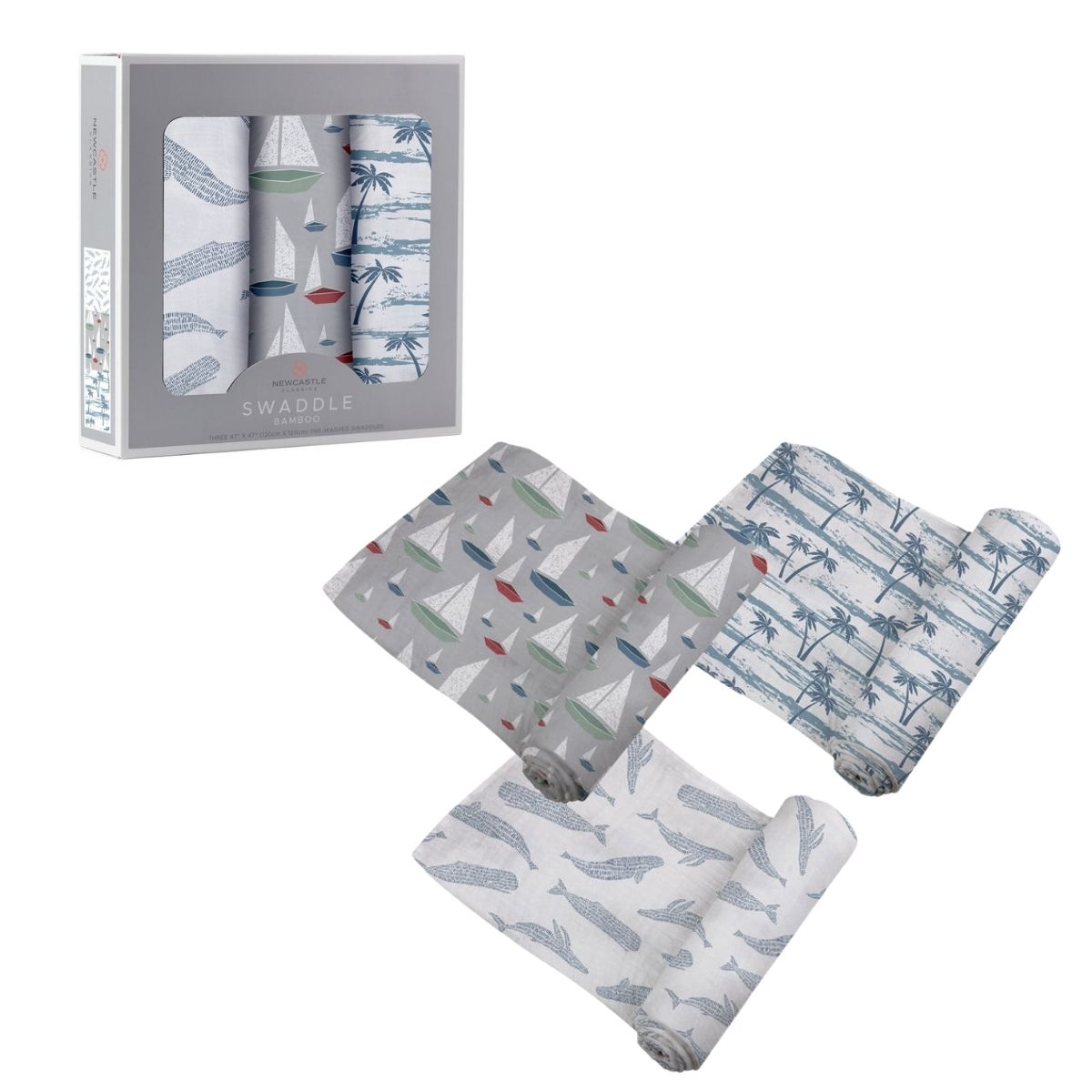 Three Newcastle Classics Ocean Tides bamboo muslin swaddle blankets partially unrolled next to their grey 3-pack window packaging box.