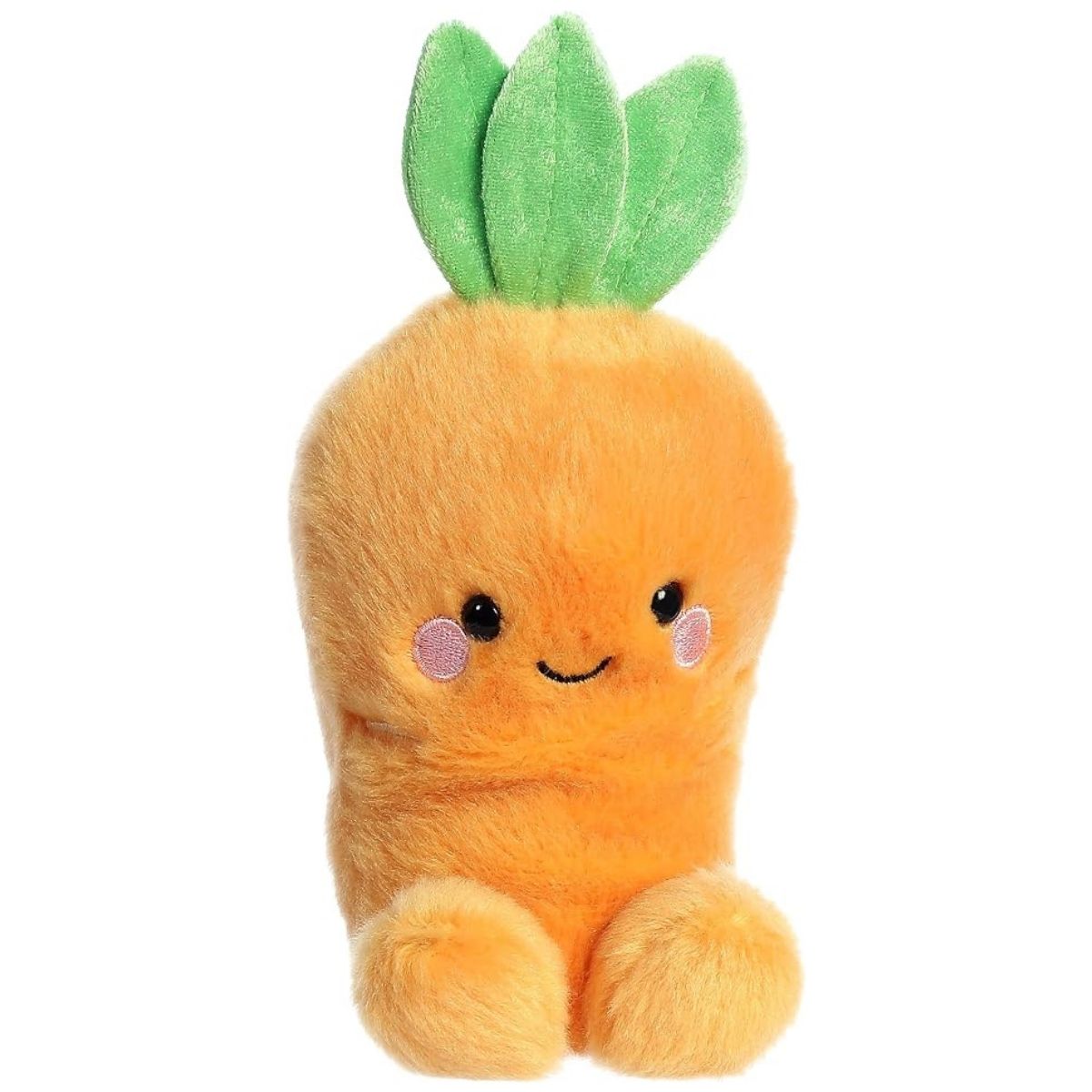 Aurora 5-inch Palm Pals Cheerful Carrot plush toy showing its vibrant orange carrot body, three green top leaves, rosy pink cheeks, and a cute smiling face.