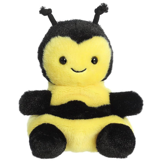 Straight front view of the Queeny Bee plush sitting upright, showing her friendly face and fluffy black arms and legs.