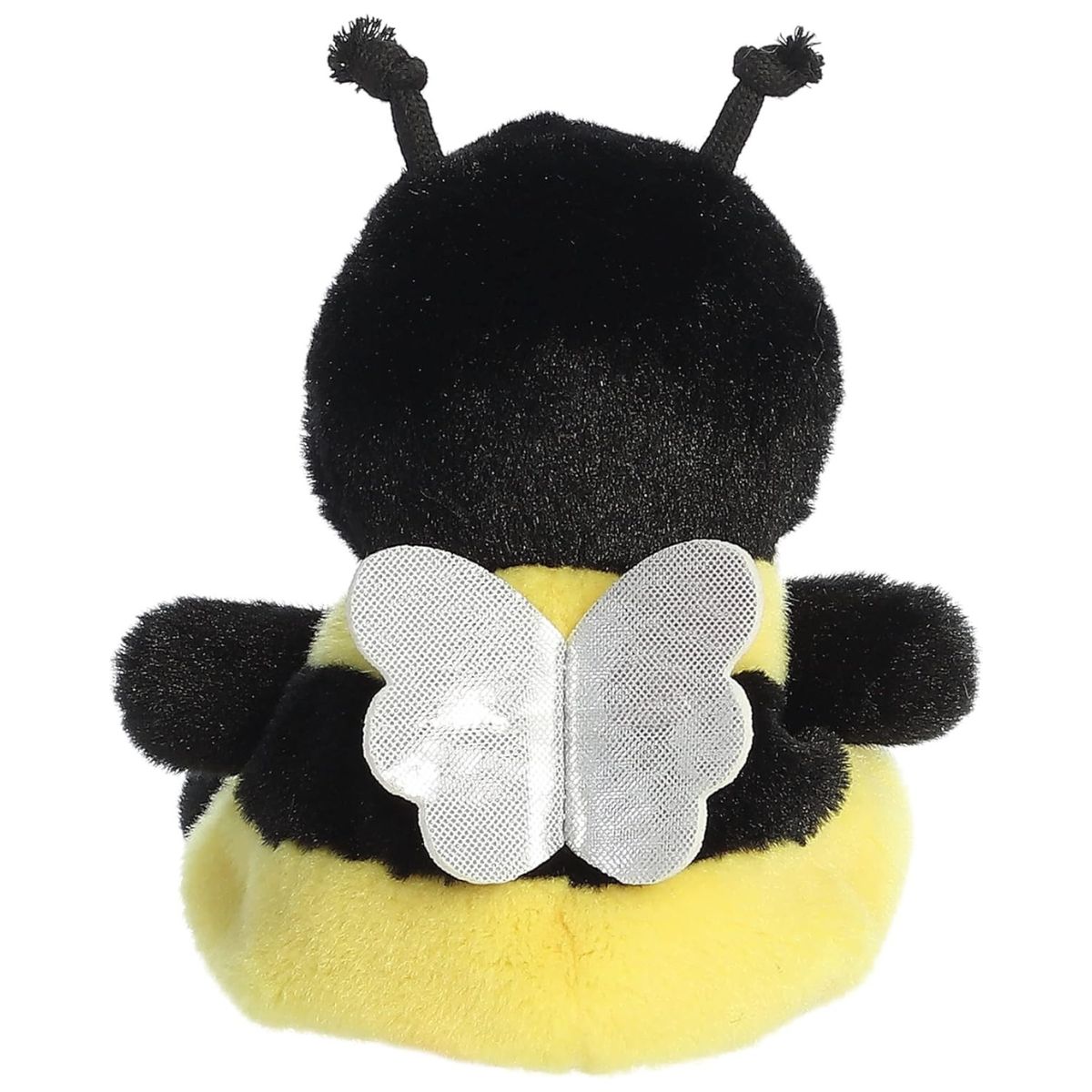Back view of the Aurora bee plush showcasing her yellow and black stripes and two little silver wings.