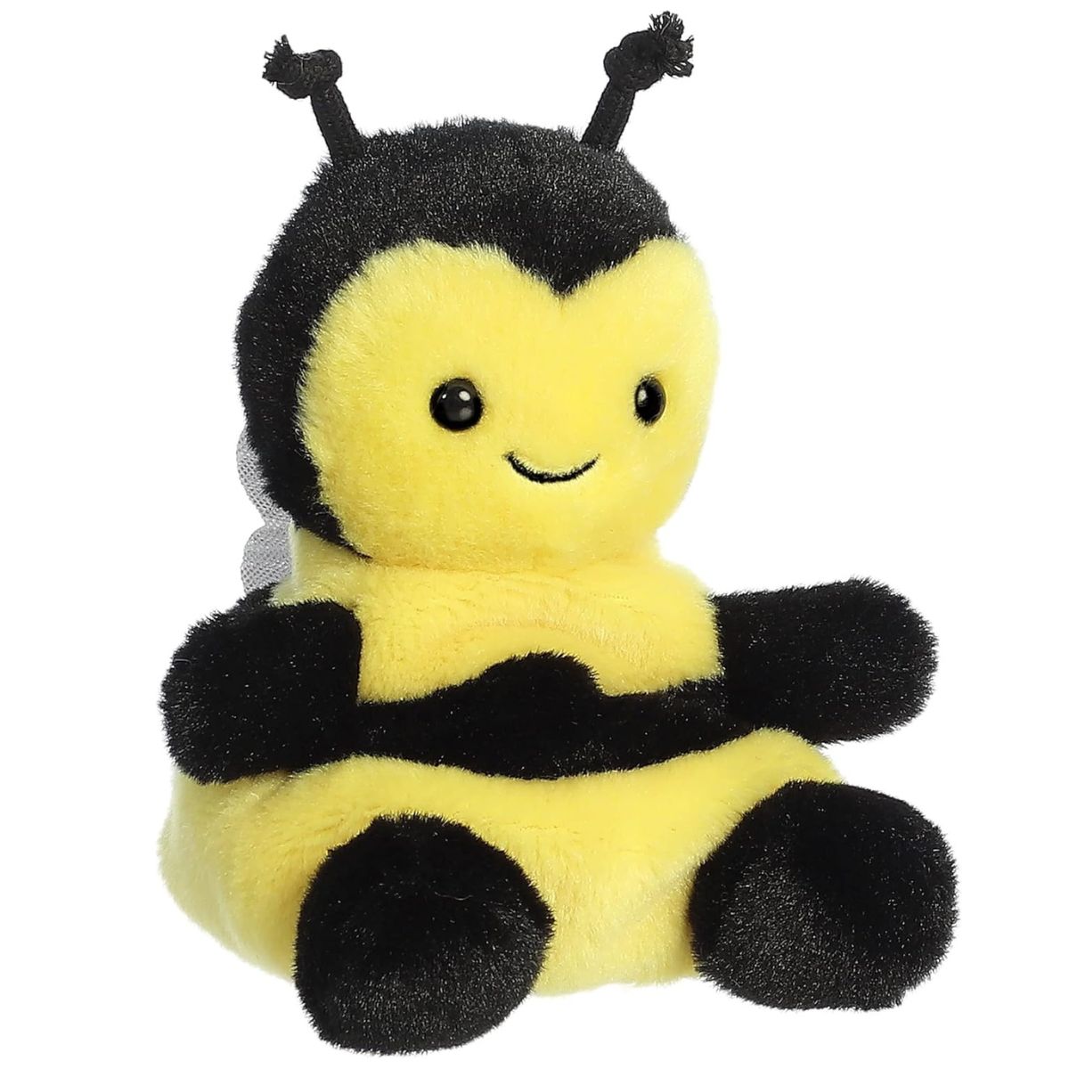Angled front view of the 5-inch Aurora Palm Pals Queeny Bee plush featuring yellow and black stripes, antennae, and a sweet smile.