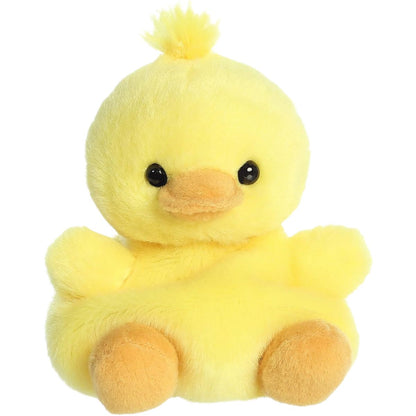 Straight-on front view of the soft yellow Palm Pals duck stuffed animal featuring a fluffy head tuft.
