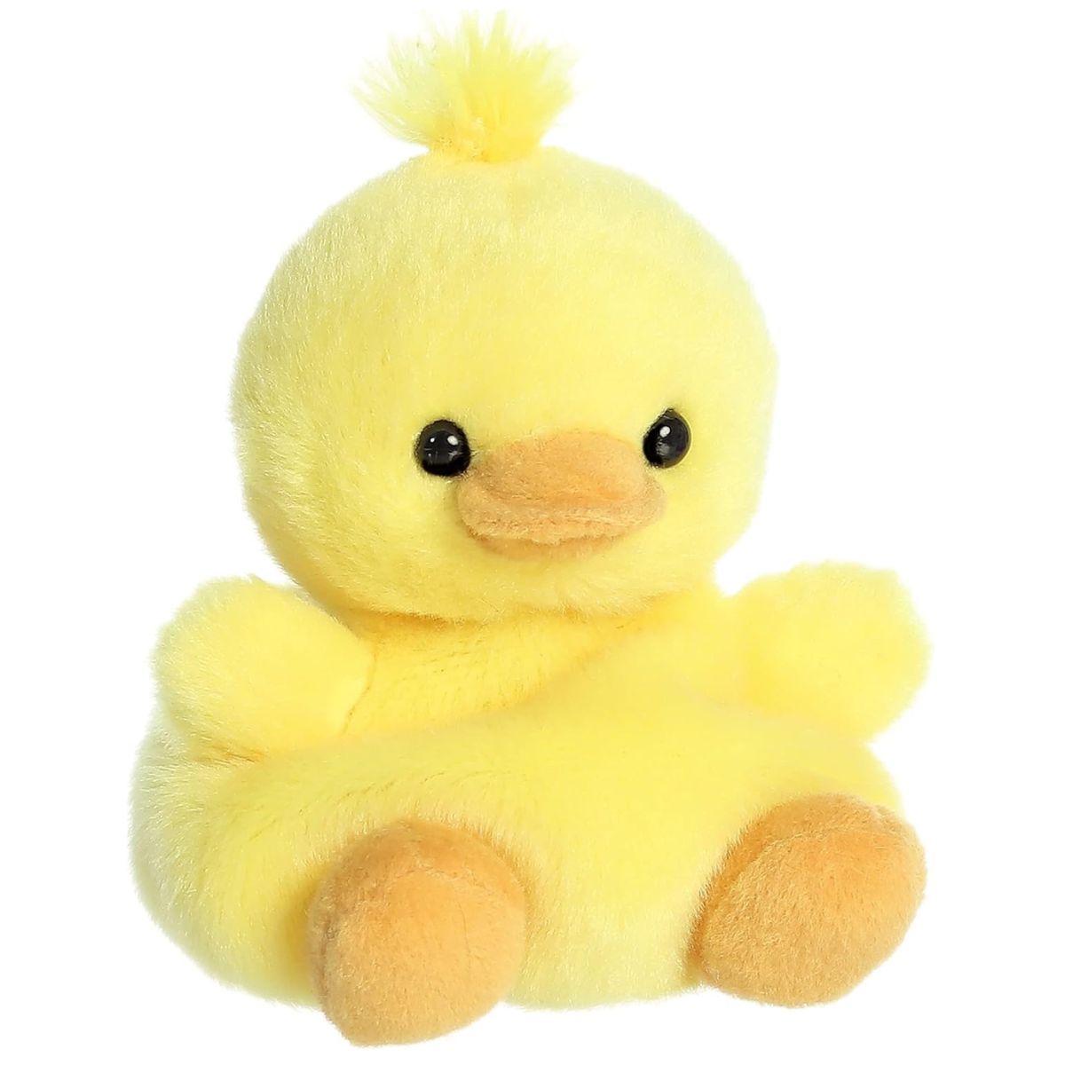 Angled front view of the 5-inch Aurora Palm Pals Darling Duck yellow plush toy with an orange beak.