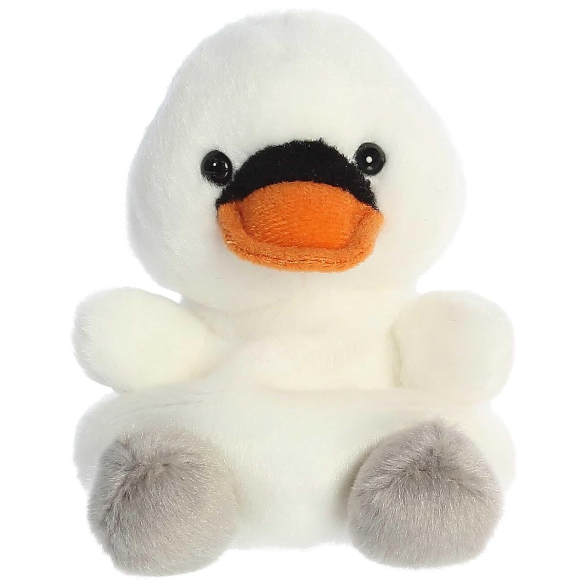Straight-on front view of the white swan stuffed animal highlighting its black facial mask, bright orange beak, and round grey feet.