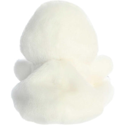 Rear view of the swan plush from behind showcasing its clean white plush fabric and a small tufted tail shape.