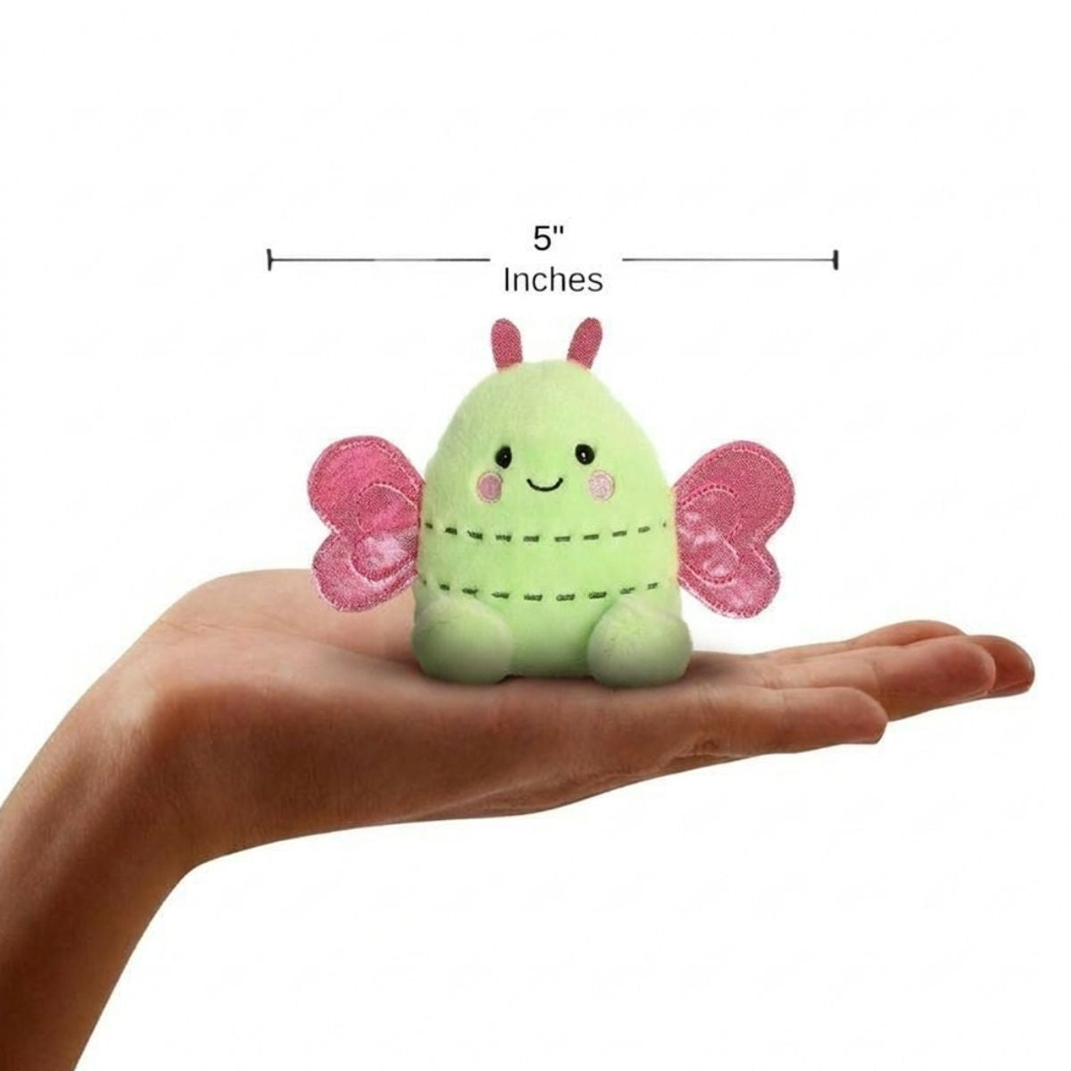 The miniature Zephyr Butterfly plush sitting balanced in an open human hand under a 5-inch height graphic indicator.