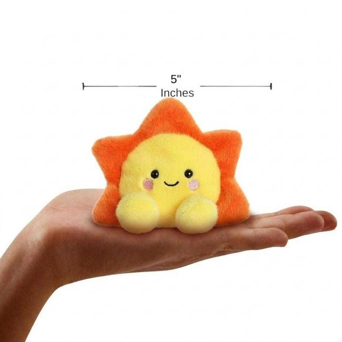 The miniature Rae Sun plush sitting balanced in an open human hand under a 5-inch height graphic indicator.