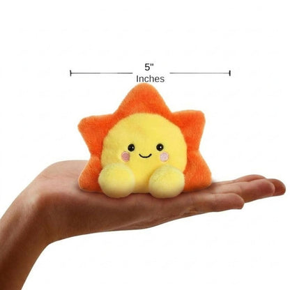 The miniature Rae Sun plush sitting balanced in an open human hand under a 5-inch height graphic indicator.