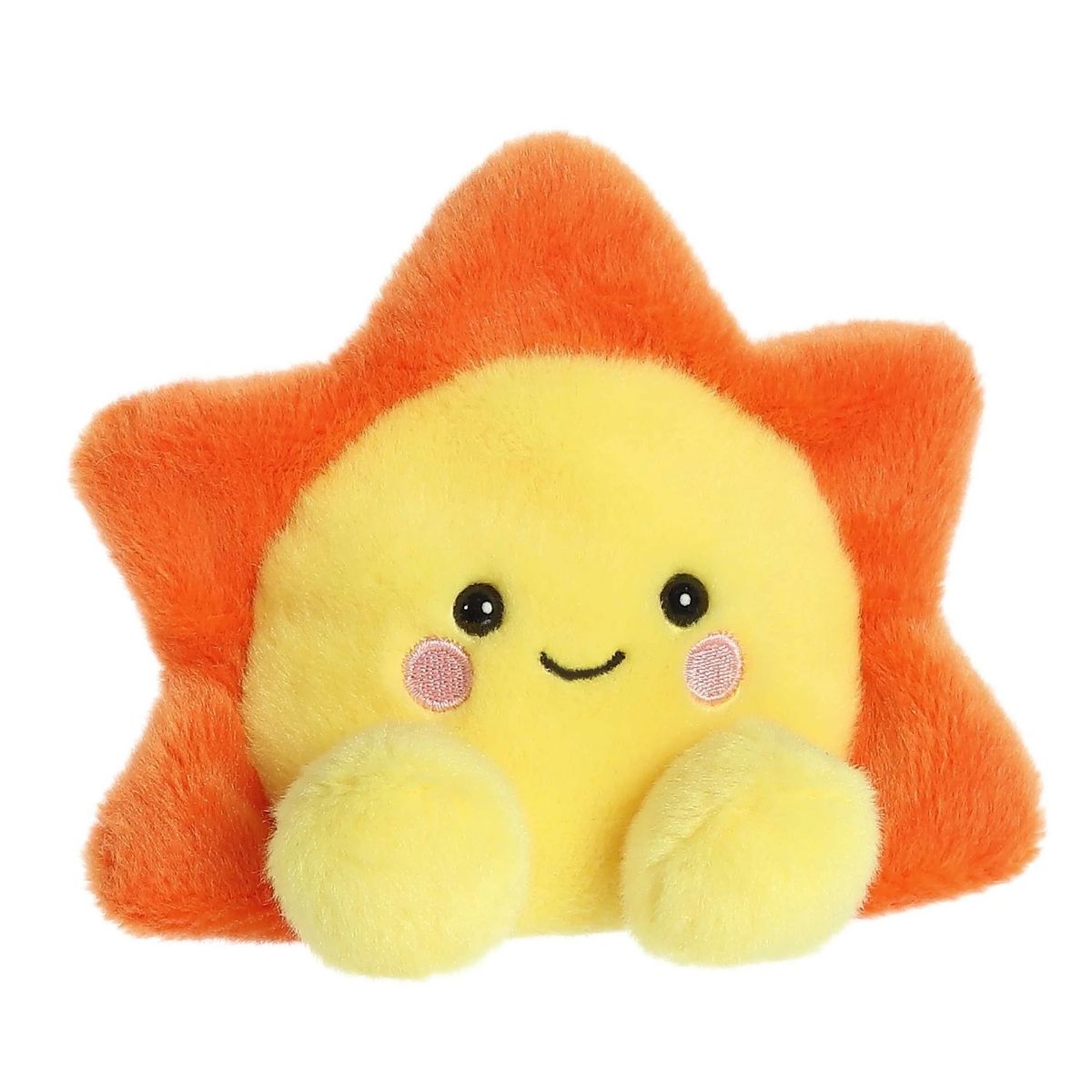 Aurora 5-inch Palm Pals Rae Sun plush toy sitting forward showing its bright yellow round sun face, vibrant orange solar rays, and happy stitched smile.