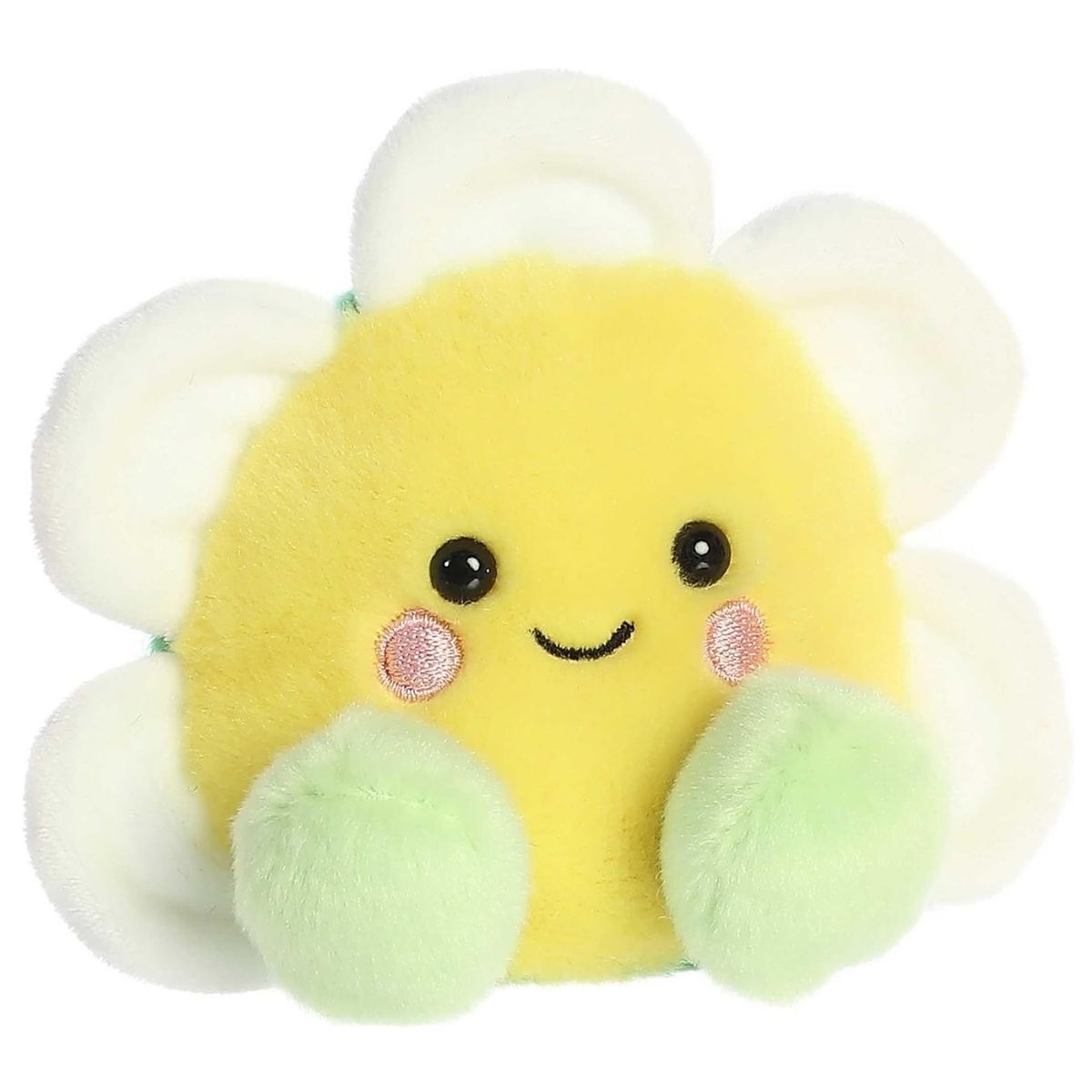 Front angled view of the Aurora Palm Pals Deon Daisy plush showing her yellow face, white petals, and pink rosy cheeks.