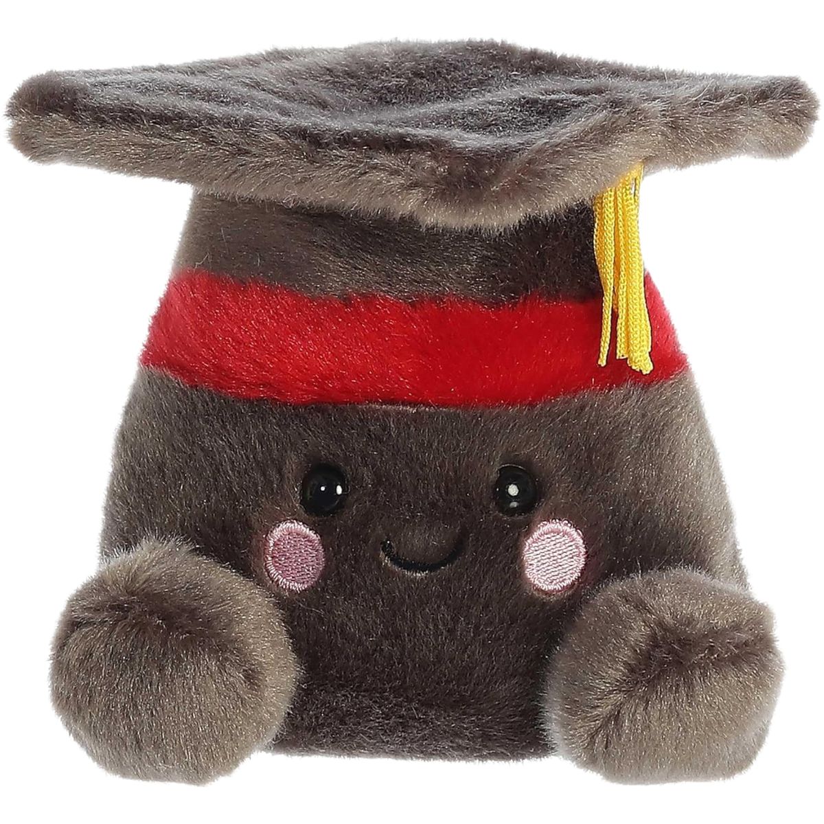 Straight-on front view of the graduation cap stuffed animal highlighting its sweet stitched smile, embroidered pink cheeks, and small grey nubby hands.