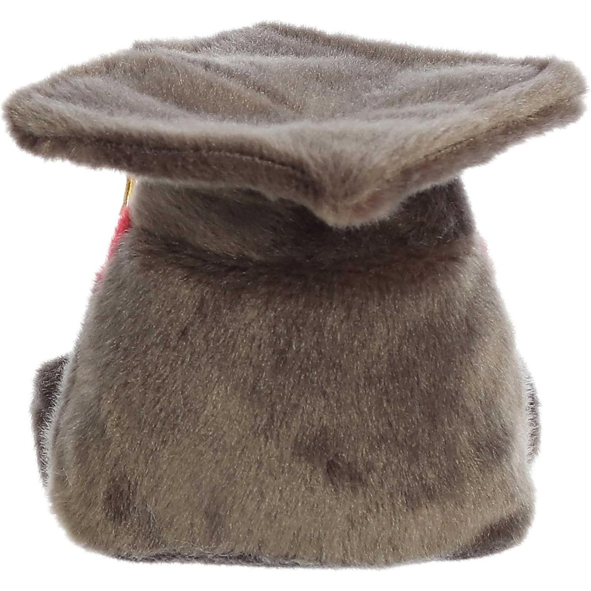 Rear view of the graduation cap plush from behind showcasing its solid charcoal-grey plush fabric and neat stitching.